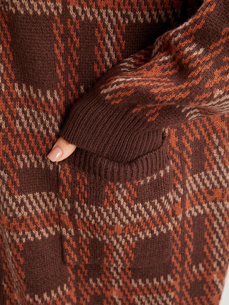 Tartan Contrast Pointelle Knit Pocket Open Front Cardigan - Image 9