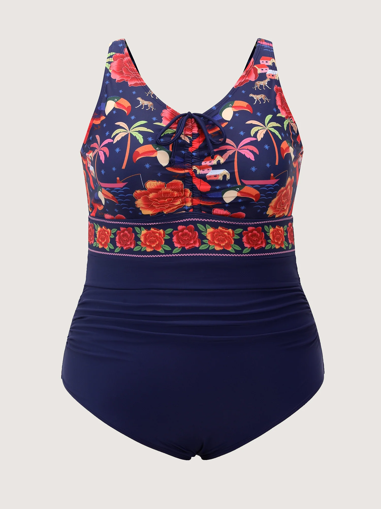 Tropical Pattern Channel Drawstring One-Piece Swimsuit - Image 7