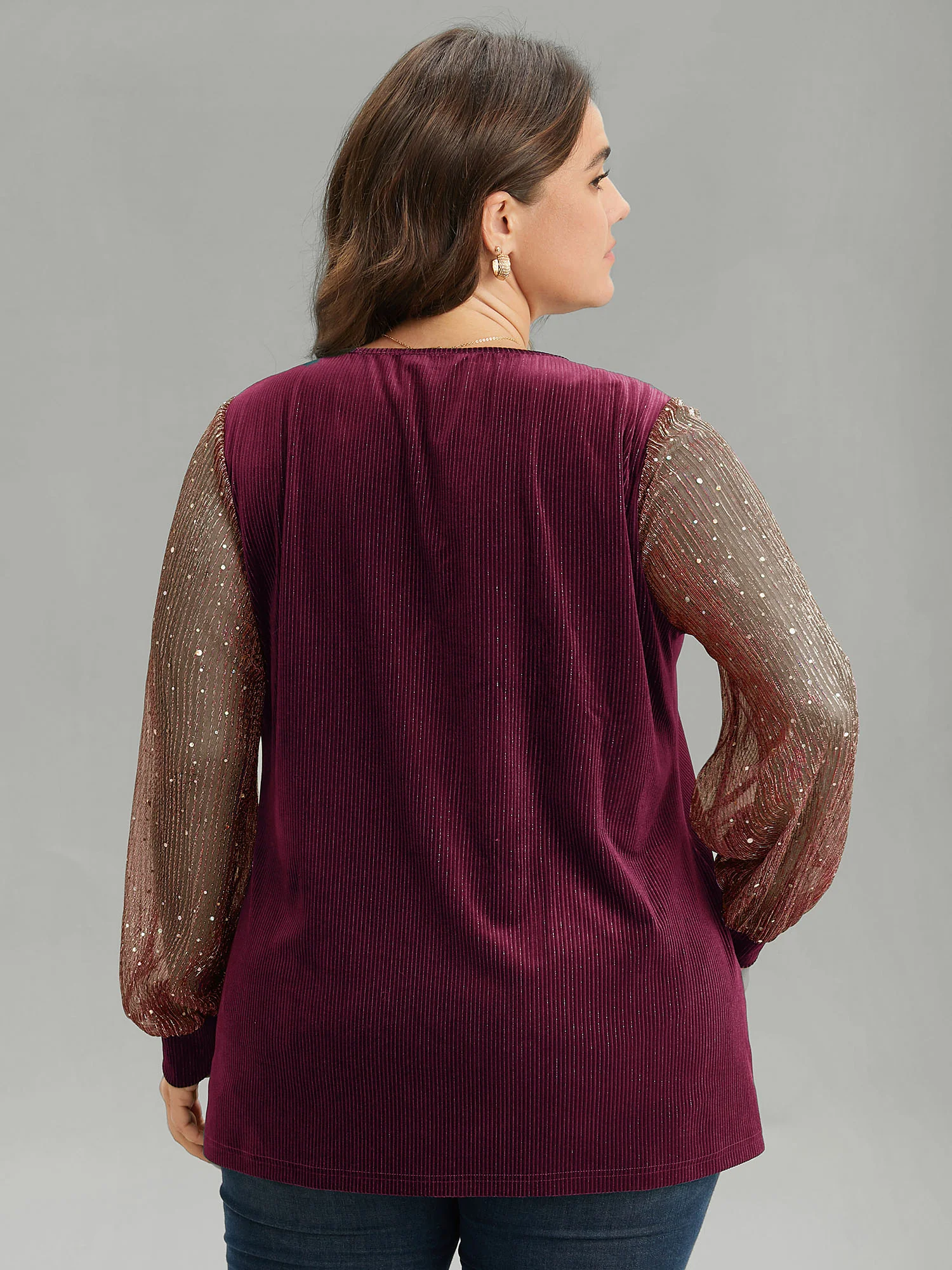 Velvet Patchwork Mesh Sequin Notched T-shirt - Image 11
