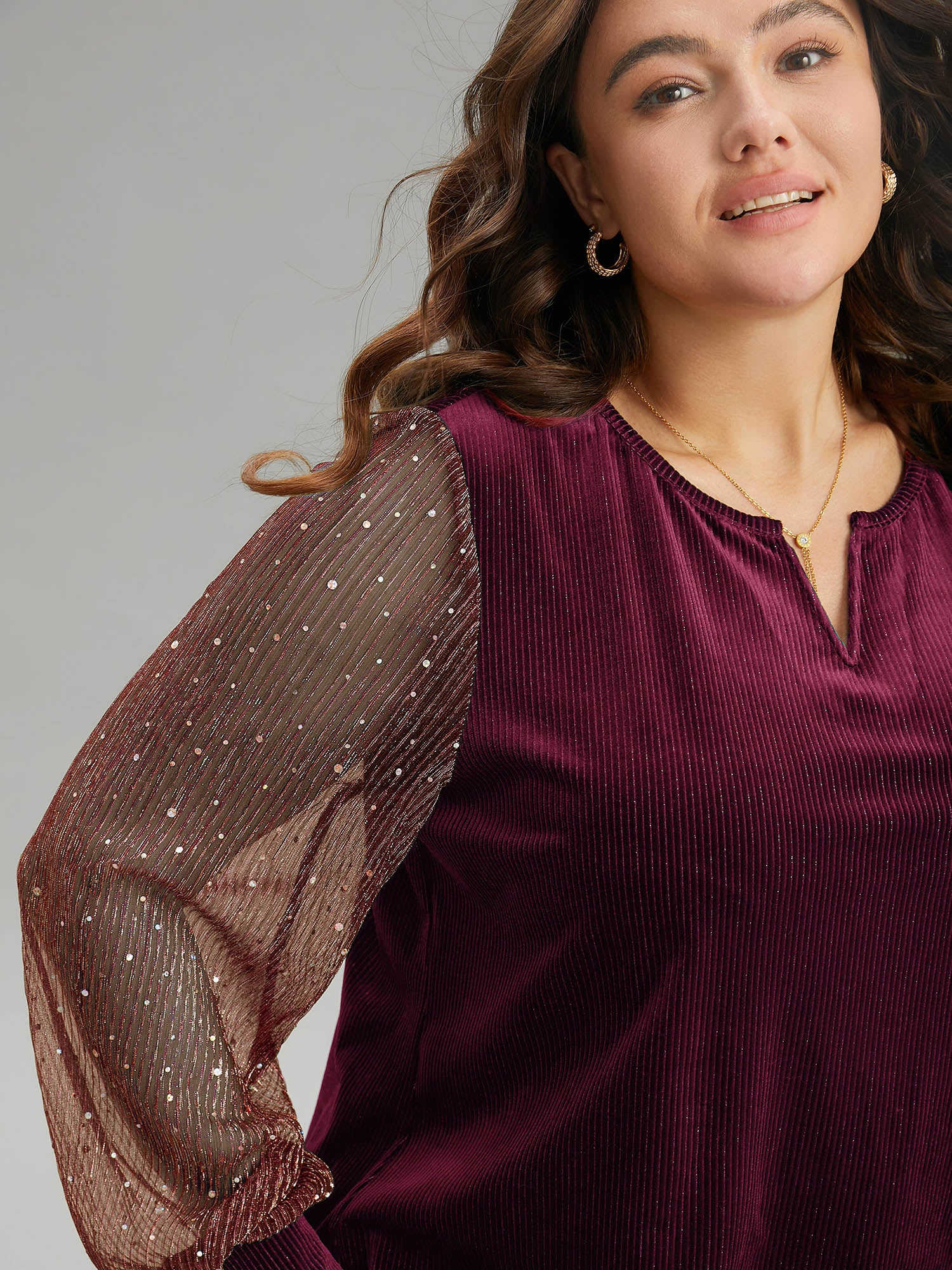 Velvet Patchwork Mesh Sequin Notched T-shirt - Image 13