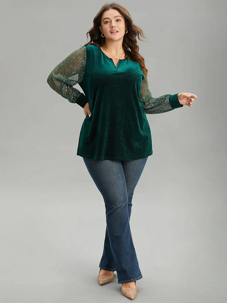 Velvet Patchwork Mesh Sequin Notched T-shirt - Image 3