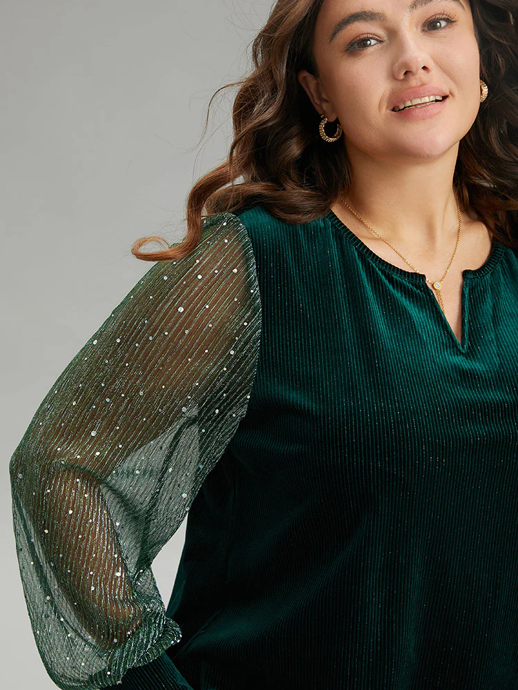 Velvet Patchwork Mesh Sequin Notched T-shirt - Image 4