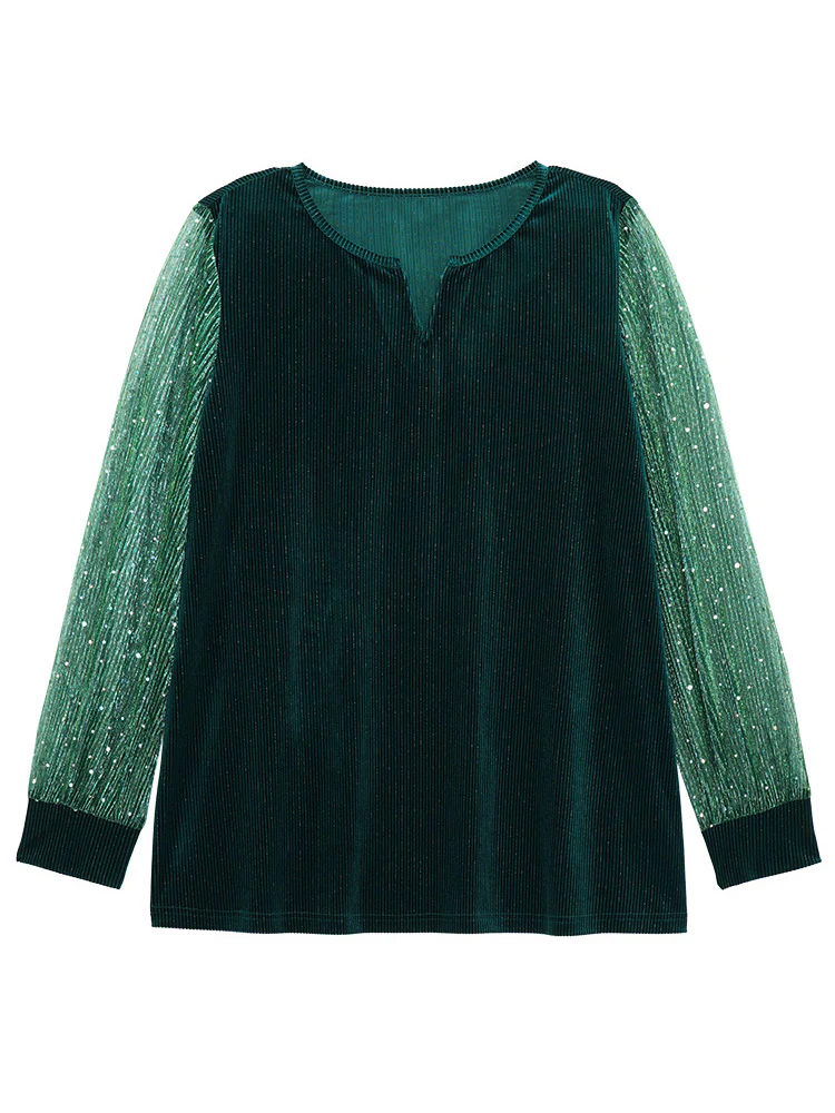 Velvet Patchwork Mesh Sequin Notched T-shirt - Image 5