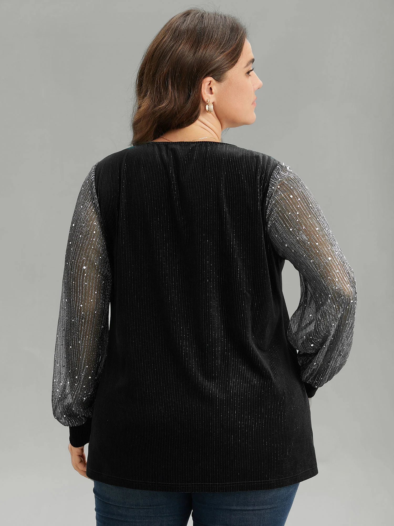 Velvet Patchwork Mesh Sequin Notched T-shirt - Image 7