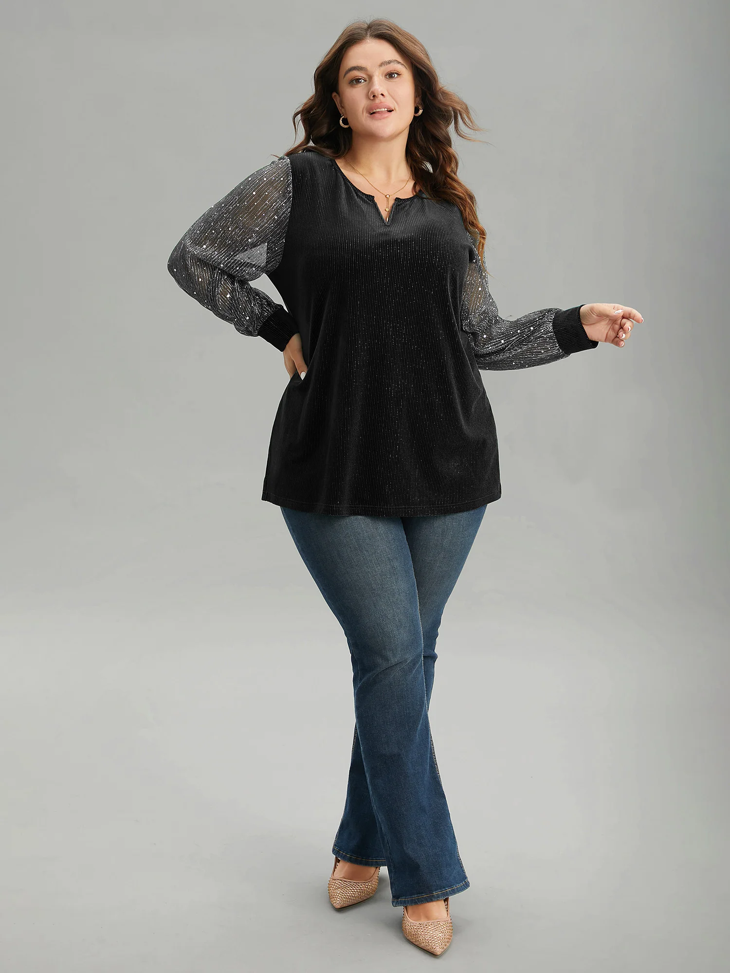 Velvet Patchwork Mesh Sequin Notched T-shirt - Image 8