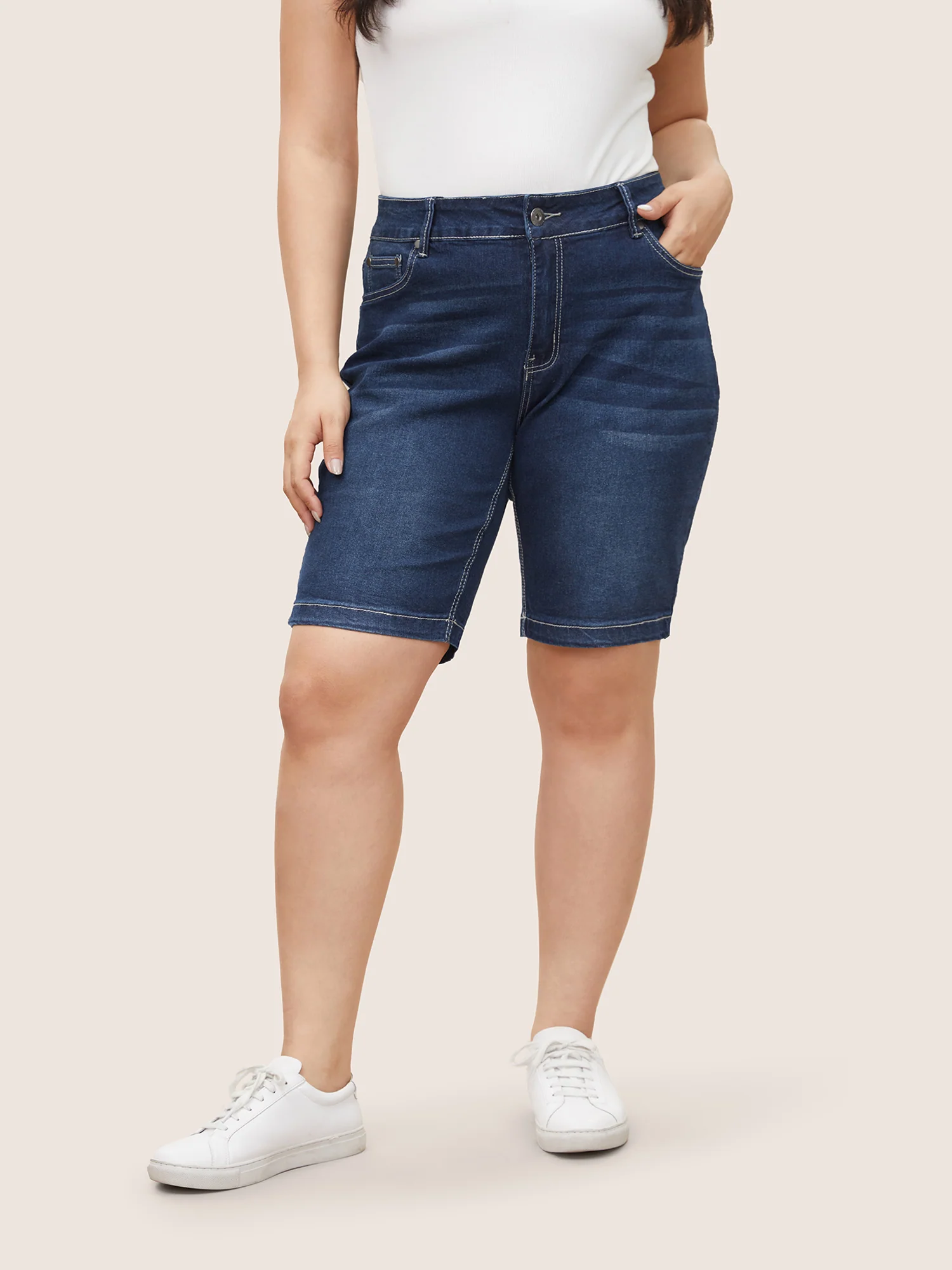 Very Stretchy High Rise Dark Wash Denim Shorts - Image 8