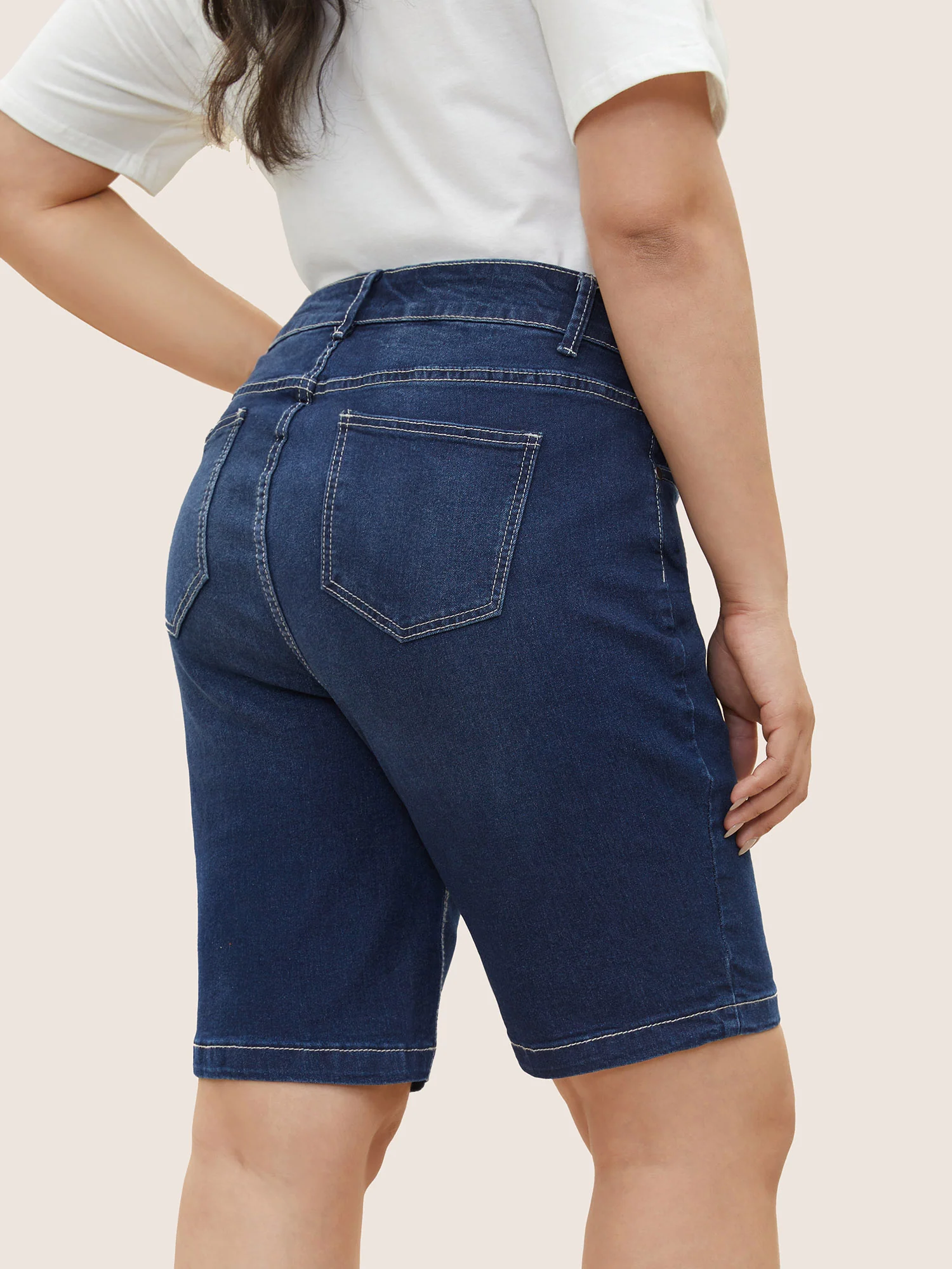 Very Stretchy High Rise Dark Wash Denim Shorts - Image 9