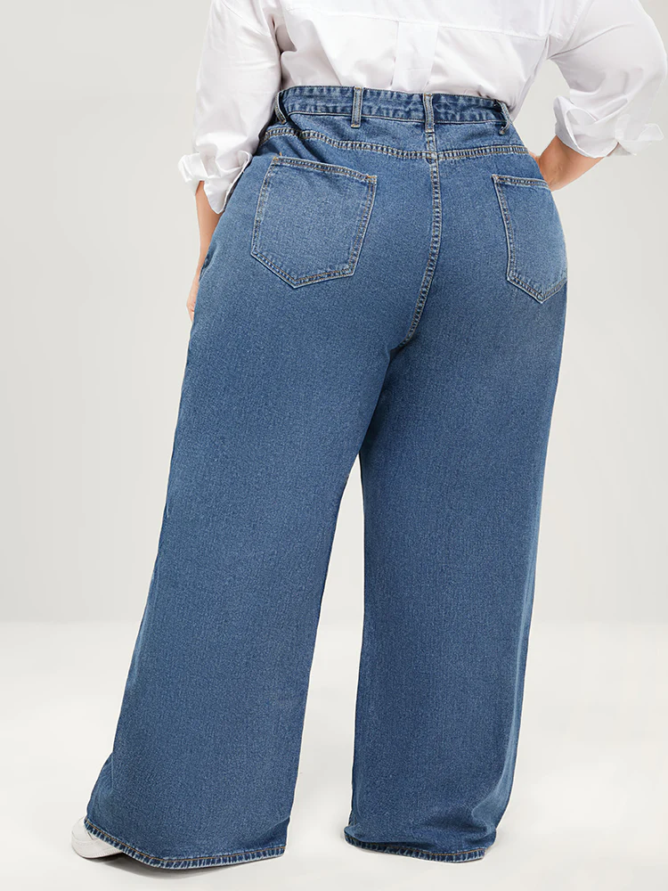 Wide Leg Moderately Stretchy High Rise Medium Wash Jeans - Image 10