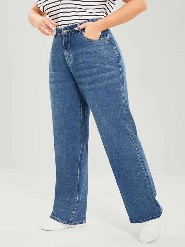 Wide Leg Moderately Stretchy High Rise Medium Wash Jeans - Image 4