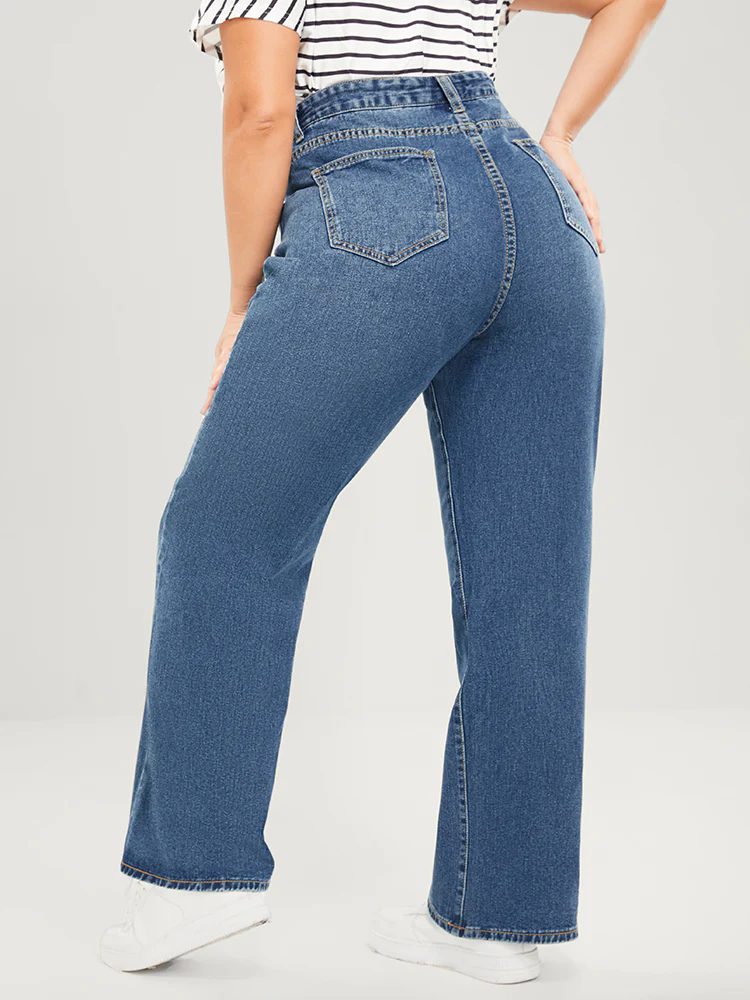 Wide Leg Moderately Stretchy High Rise Medium Wash Jeans - Image 5