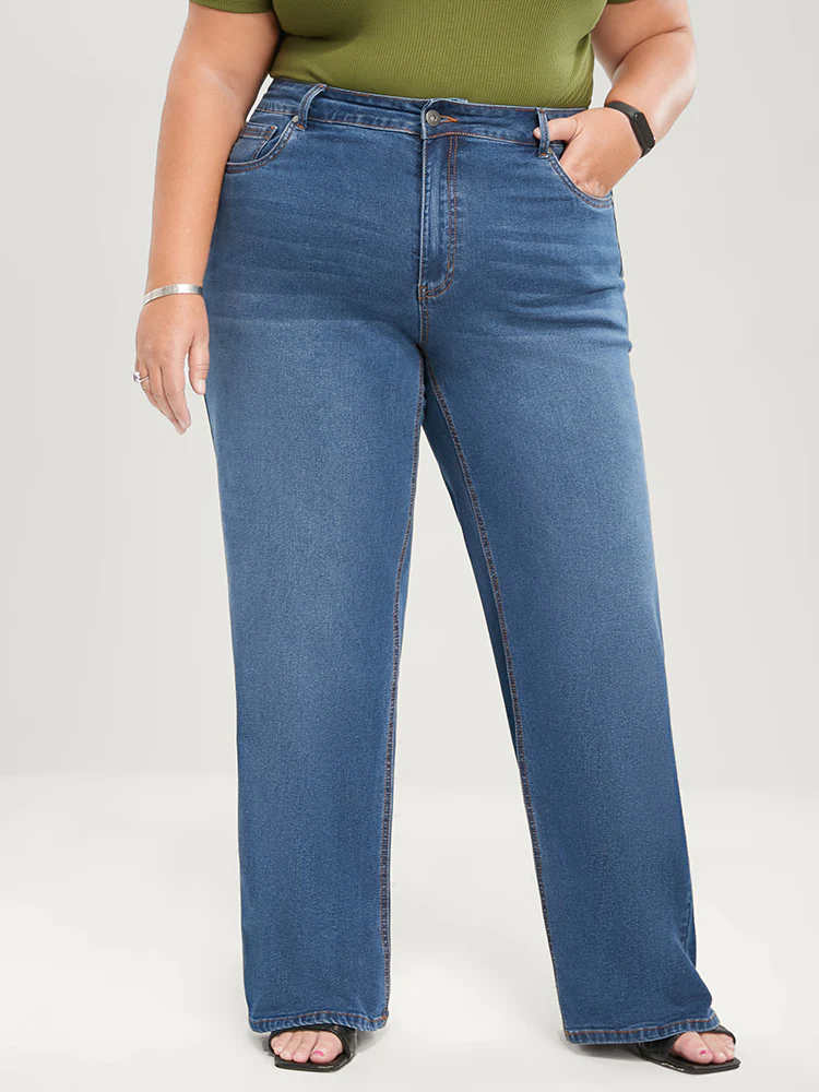 Wide Leg Moderately Stretchy High Rise Medium Wash Jeans - Image 7