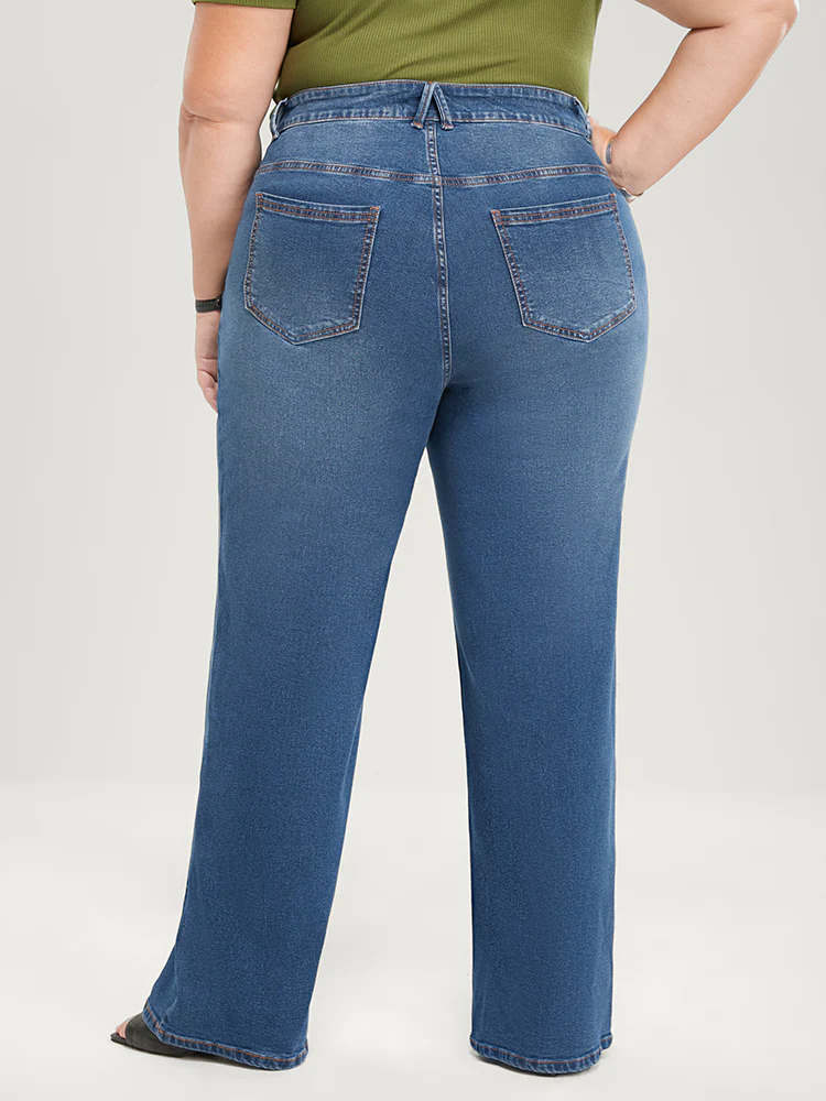 Wide Leg Moderately Stretchy High Rise Medium Wash Jeans - Image 8